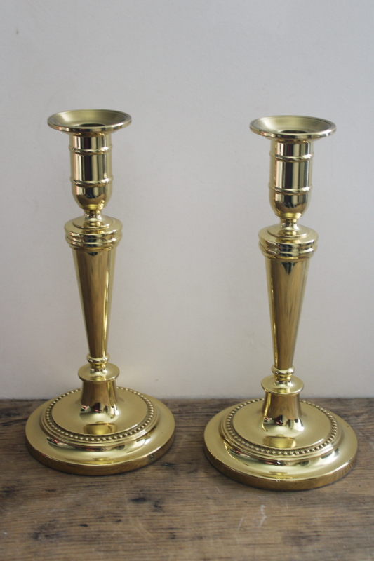 photo of pair Baldwin brass candle holders, large tall candlesticks solid brass 80s 90s vintage #1