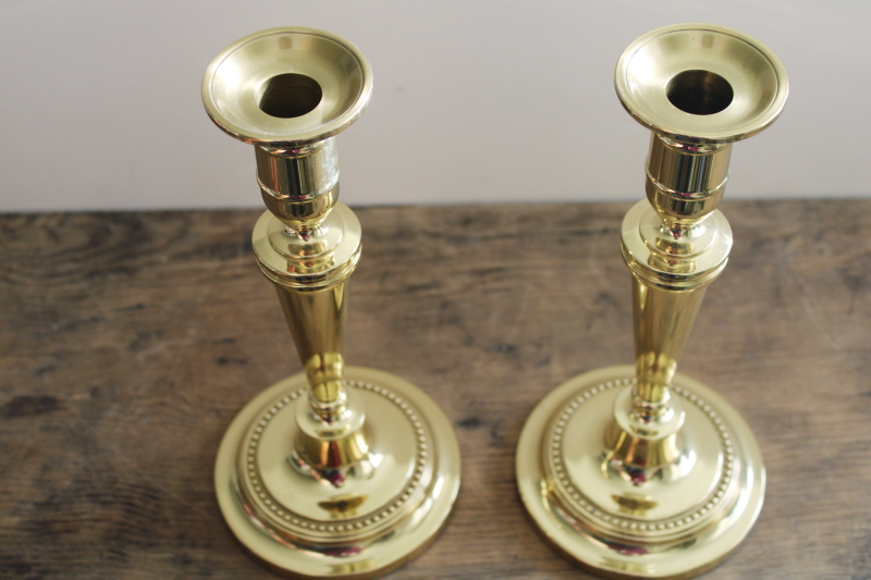 photo of pair Baldwin brass candle holders, large tall candlesticks solid brass 80s 90s vintage #4