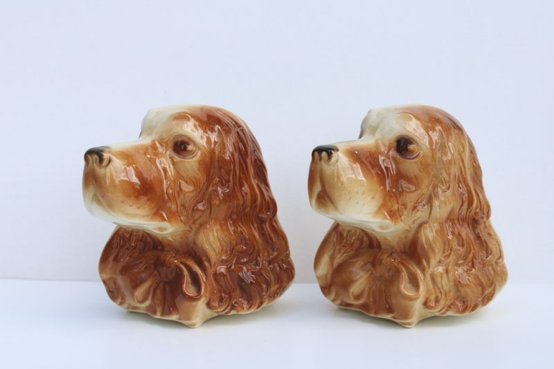 photo of pair Cocker spaniel dogs, 1950s vintage Royal Copley ceramic wall pocket hanging vases  #1