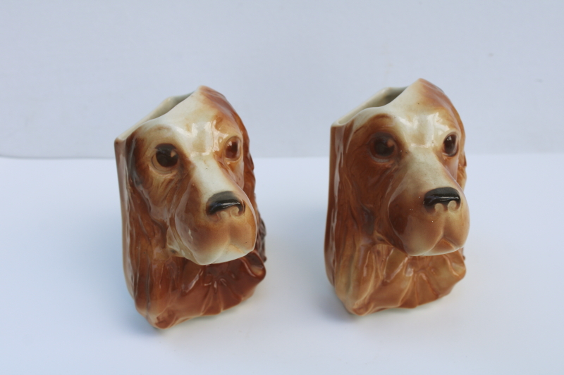 photo of pair Cocker spaniel dogs, 1950s vintage Royal Copley ceramic wall pocket hanging vases  #2