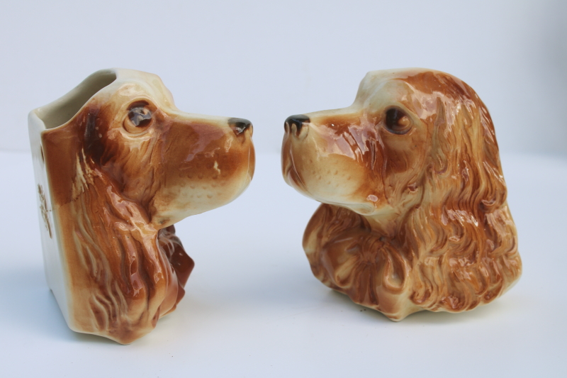 photo of pair Cocker spaniel dogs, 1950s vintage Royal Copley ceramic wall pocket hanging vases  #6