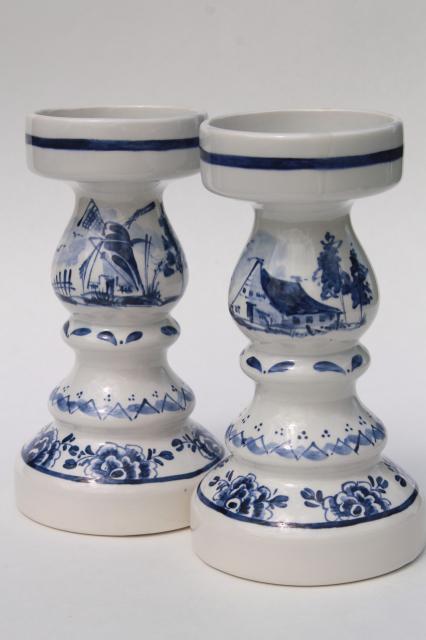 photo of pair Delft blue & white pottery candlesticks for 70s vintage chunky pillar candles #1