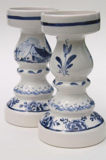 photo of pair Delft blue & white pottery candlesticks for 70s vintage chunky pillar candles #2