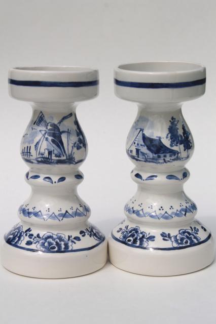 photo of pair Delft blue & white pottery candlesticks for 70s vintage chunky pillar candles #3