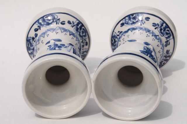 photo of pair Delft blue & white pottery candlesticks for 70s vintage chunky pillar candles #5