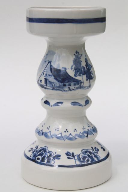 photo of pair Delft blue & white pottery candlesticks for 70s vintage chunky pillar candles #8