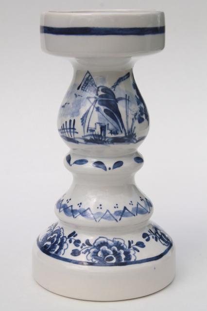 photo of pair Delft blue & white pottery candlesticks for 70s vintage chunky pillar candles #9