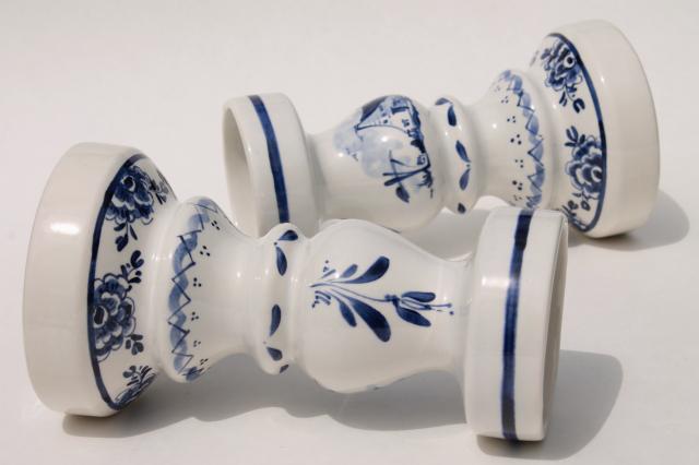 photo of pair Delft blue & white pottery candlesticks for 70s vintage chunky pillar candles #10