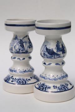 catalog photo of pair Delft blue & white pottery candlesticks for 70s vintage chunky pillar candles