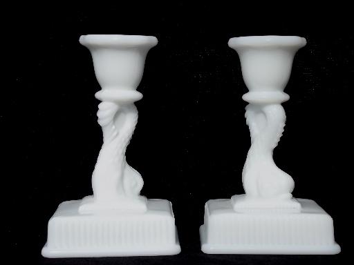 photo of pair Imperial glass dolphin candlesticks, antique milk glass reproductions #2