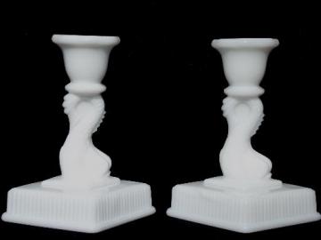 catalog photo of pair Imperial glass dolphin candlesticks, antique milk glass reproductions