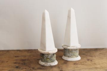 catalog photo of pair Italian marble white alabaster carved stone obelisks, vintage bookends or statuary