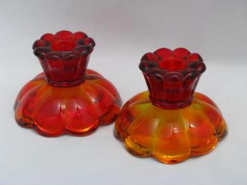 catalog photo of pair amberina orange glass candle holders, candle sticks