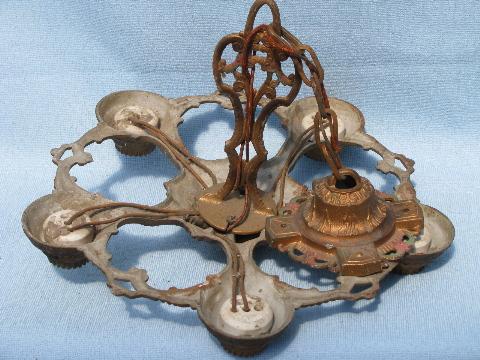 photo of pair antique Eastlake cast iron chandelier lights w/ original painted finish #7