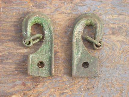 photo of pair antique John Deere horse drawn farm implement harness hooks, old green paint #1