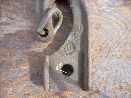 photo of pair antique John Deere horse drawn farm implement harness hooks, old green paint #2