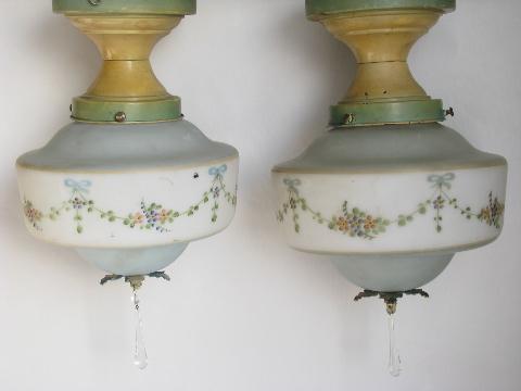 photo of pair antique ceiling light fixtures w/ handpainted glass shades, vintage cottage lighting #1