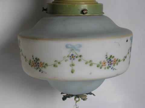 photo of pair antique ceiling light fixtures w/ handpainted glass shades, vintage cottage lighting #3