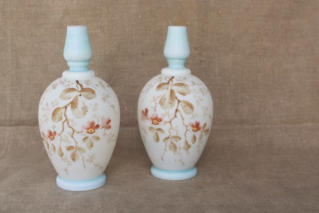 photo of pair antique cologne bottles, satin finish hand painted Bristol glass #1