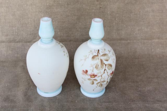 photo of pair antique cologne bottles, satin finish hand painted Bristol glass #9