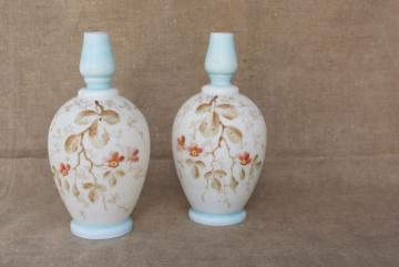 catalog photo of pair antique cologne bottles, satin finish hand painted Bristol glass