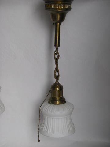 photo of pair antique electric embossed brass pendant lights, old satin glass lamp shades #2