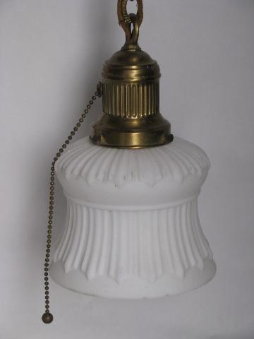 photo of pair antique electric embossed brass pendant lights, old satin glass lamp shades #3