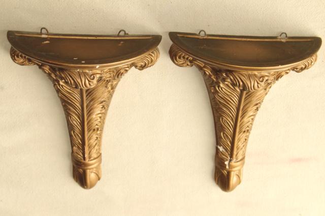 photo of pair antique gold painted plaster molding wall bracket shelves, elegant french plumes #4