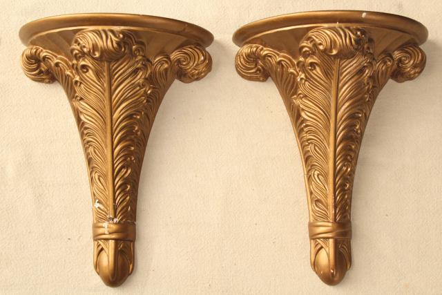 photo of pair antique gold painted plaster molding wall bracket shelves, elegant french plumes #6