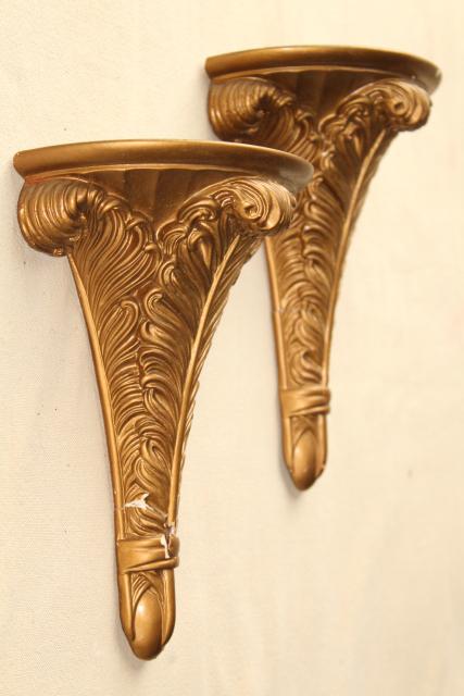 photo of pair antique gold painted plaster molding wall bracket shelves, elegant french plumes #7