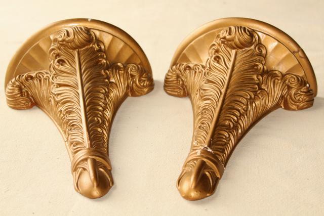 photo of pair antique gold painted plaster molding wall bracket shelves, elegant french plumes #9