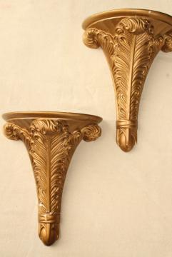 catalog photo of pair antique gold painted plaster molding wall bracket shelves, elegant french plumes