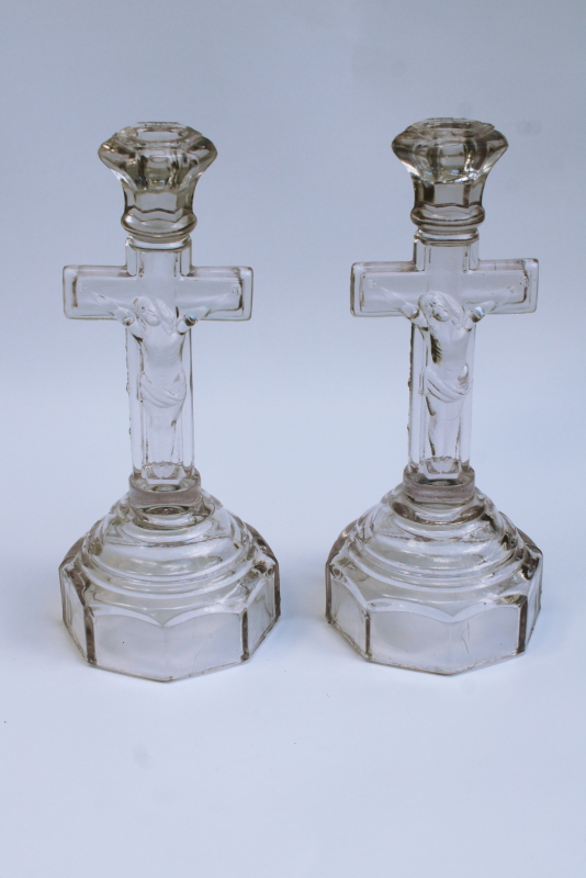 photo of pair antique pressed glass crucifix candlesticks Jesus on the cross, altar candle holders  #1