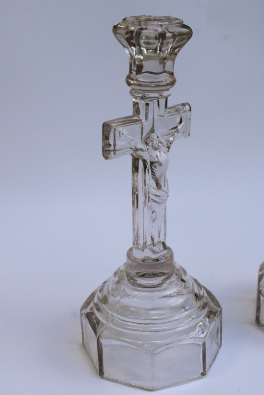 photo of pair antique pressed glass crucifix candlesticks Jesus on the cross, altar candle holders #3