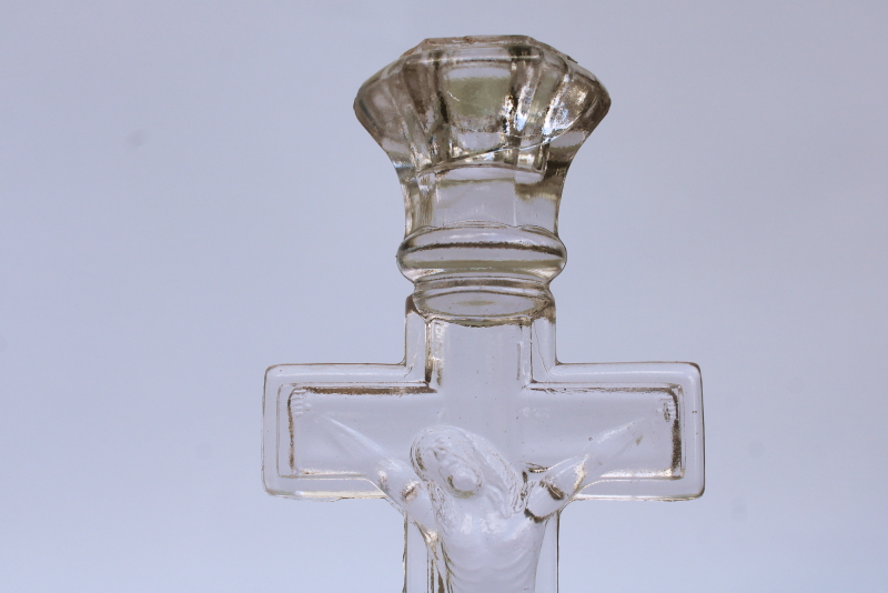 photo of pair antique pressed glass crucifix candlesticks Jesus on the cross, altar candle holders #4