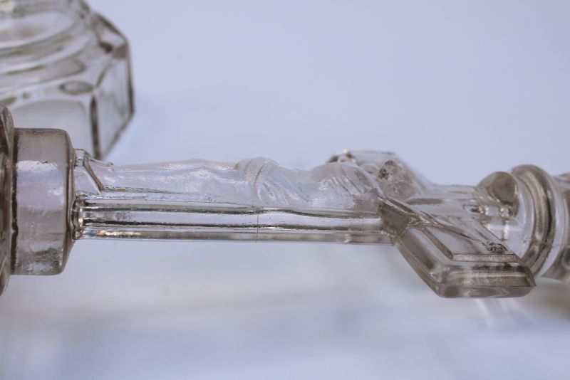 photo of pair antique pressed glass crucifix candlesticks Jesus on the cross, altar candle holders #5