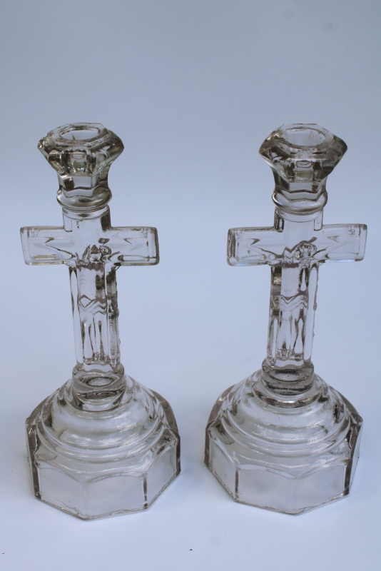 photo of pair antique pressed glass crucifix candlesticks Jesus on the cross, altar candle holders #6
