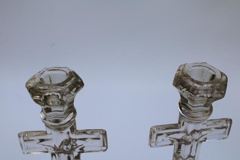 photo of pair antique pressed glass crucifix candlesticks Jesus on the cross, altar candle holders #7