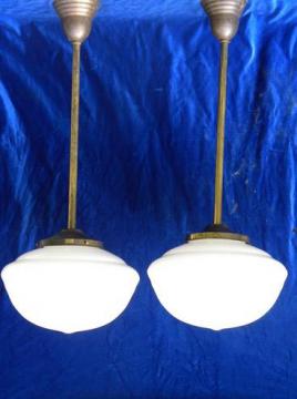 catalog photo of pair antique schoolhouse pendant ceiling lights, vintage lighting