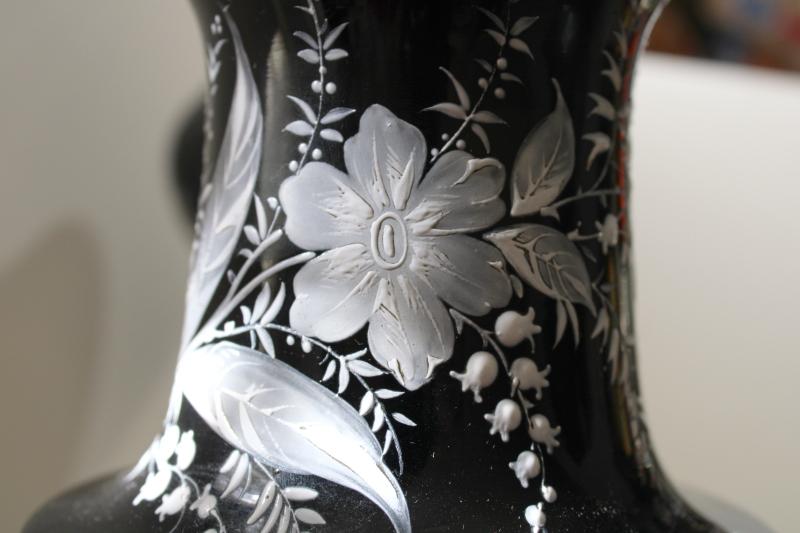 photo of pair antique vintage black amethyst glass vases, hand painted enamel white floral #5