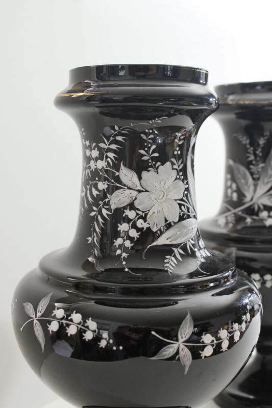 photo of pair antique vintage black amethyst glass vases, hand painted enamel white floral #6