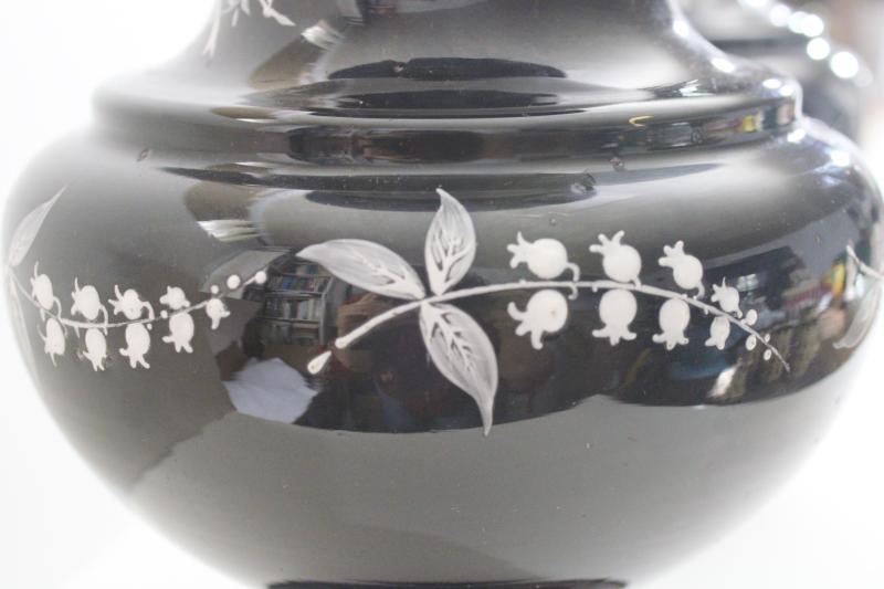 photo of pair antique vintage black amethyst glass vases, hand painted enamel white floral #7