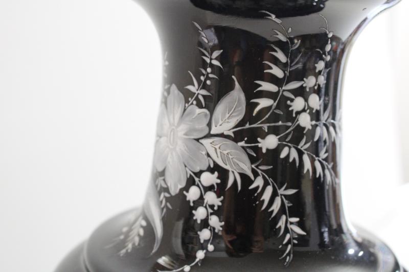 photo of pair antique vintage black amethyst glass vases, hand painted enamel white floral #9