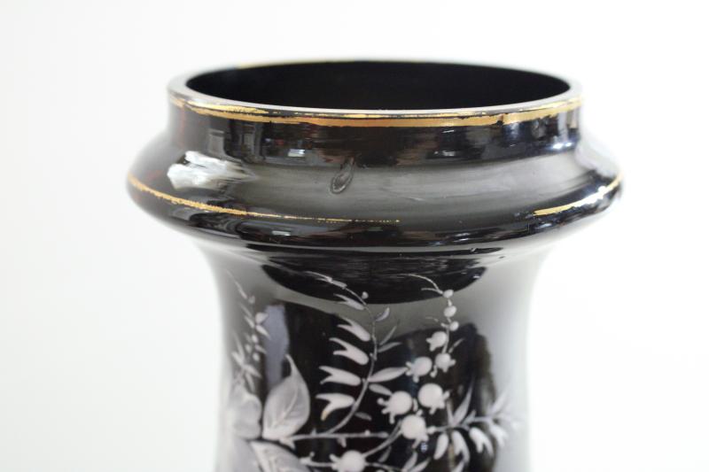 photo of pair antique vintage black amethyst glass vases, hand painted enamel white floral #10