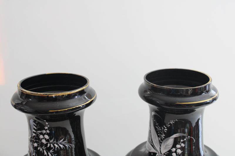 photo of pair antique vintage black amethyst glass vases, hand painted enamel white floral #11