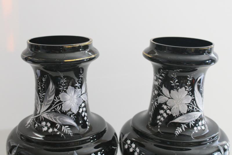 photo of pair antique vintage black amethyst glass vases, hand painted enamel white floral #12