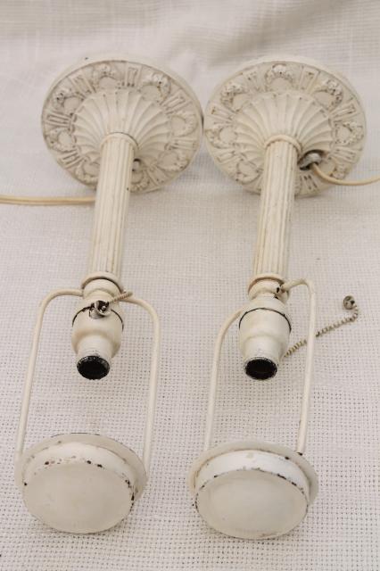 photo of pair antique vintage cast iron boudoir lamps w/ painted puffy glass lamp shades #4