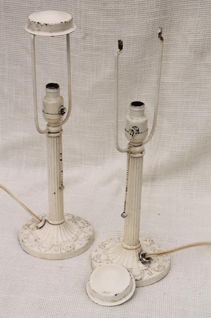 photo of pair antique vintage cast iron boudoir lamps w/ painted puffy glass lamp shades #5