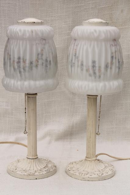 photo of pair antique vintage cast iron boudoir lamps w/ painted puffy glass lamp shades #7