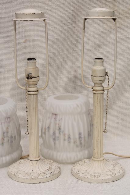 photo of pair antique vintage cast iron boudoir lamps w/ painted puffy glass lamp shades #8